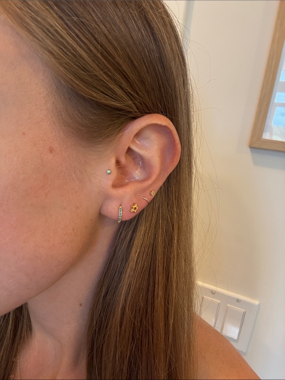 Gold plated sterling silver and turquoise blue hoops huggie hoop earrings